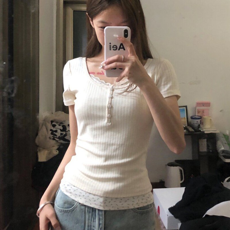 现货假两件蕾丝碎花打底衫女夏季2024J新款短袖T恤纯欲风辣妹紧身