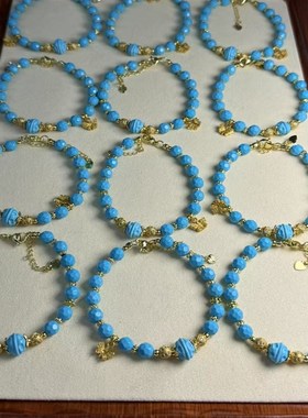 湖北原矿天然绿松石8mm无相珠手串项链高瓷蓝绿DIY女款手链