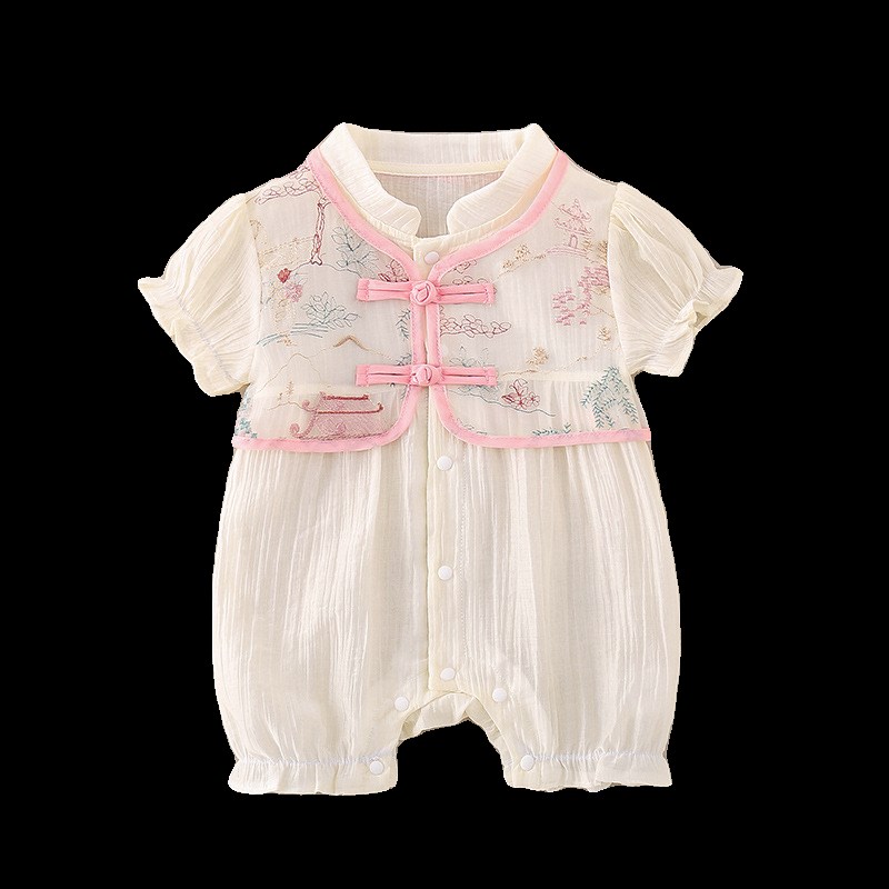 婴儿衣服夏装薄款中式连体衣可爱公主哈衣女宝宝满月百天外出爬服