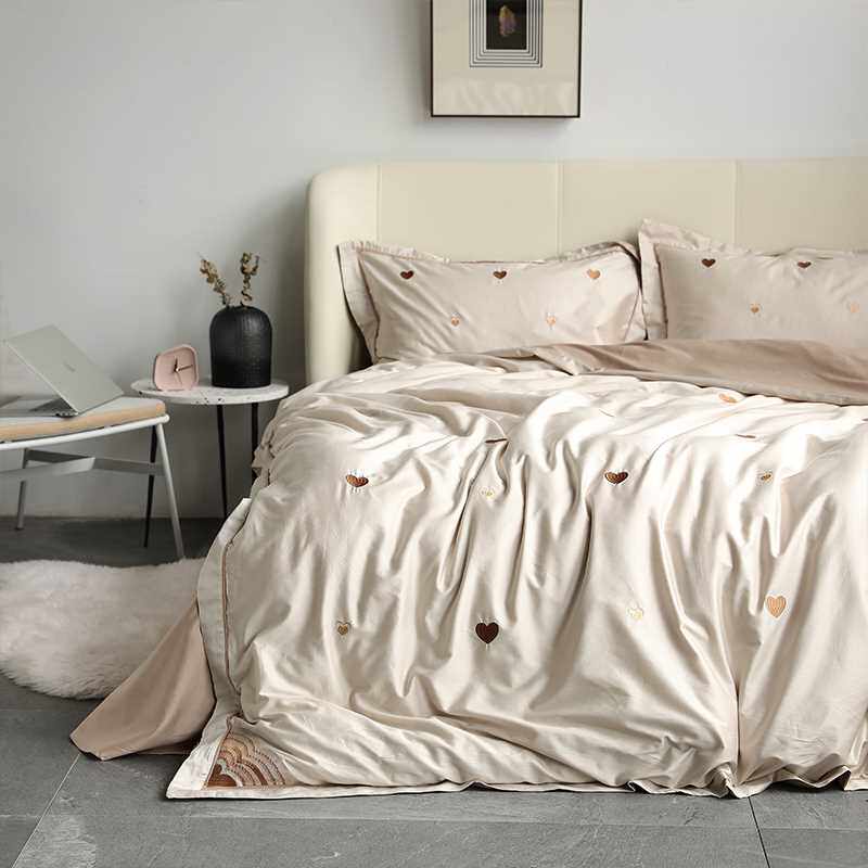 新品北欧纯棉四件式长绒棉全棉爱心刺绣亲肤床上用品少女心被套床