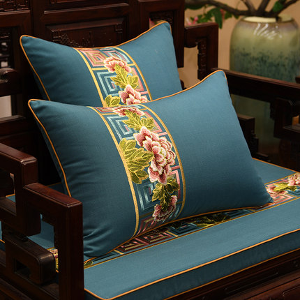中式棉麻古典靠垫罗汉床红木家具沙发垫坐垫实木椅垫海绵垫套定制