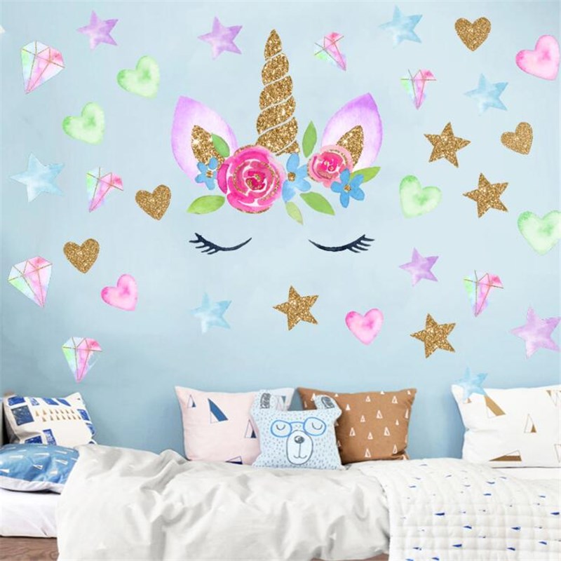 Wall-Sticker Mural Unicorn Rooms-Art Living-Room Golden-Dot
