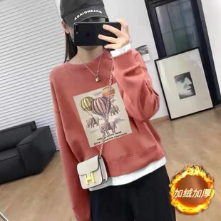 秋冬新品显白韩版休闲百搭圆领假两件套头宽松加绒卫衣外套女上衣