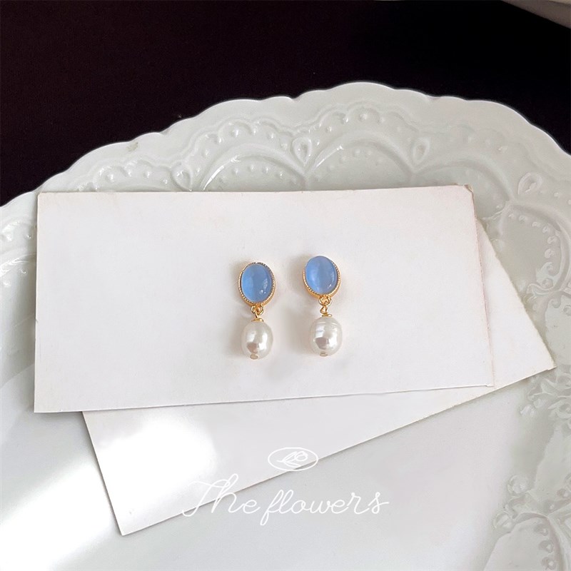 淡水珍珠法式复古玻璃o猫眼石手作设计小巧简约通勤镀14K耳饰耳环