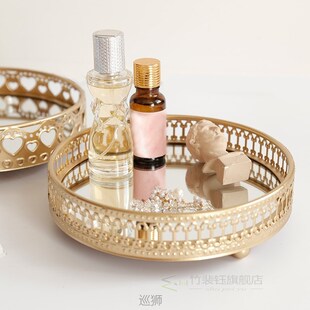 1Pc Retro Golden Glass Mirror Base Storage Tray Bedroom Desk