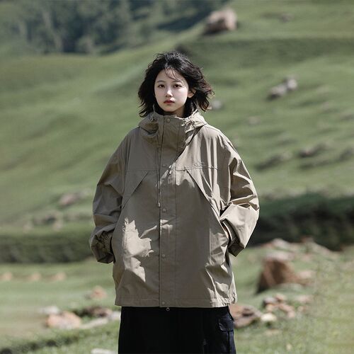 阿于呆山系简约宽松连帽登山冲锋衣外套男春秋防水工装机能夹克女
