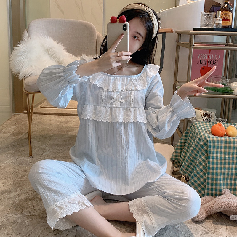 睡衣女春秋可爱公主风长袖仙女套装韩版甜美蕾丝家居服夏薄款