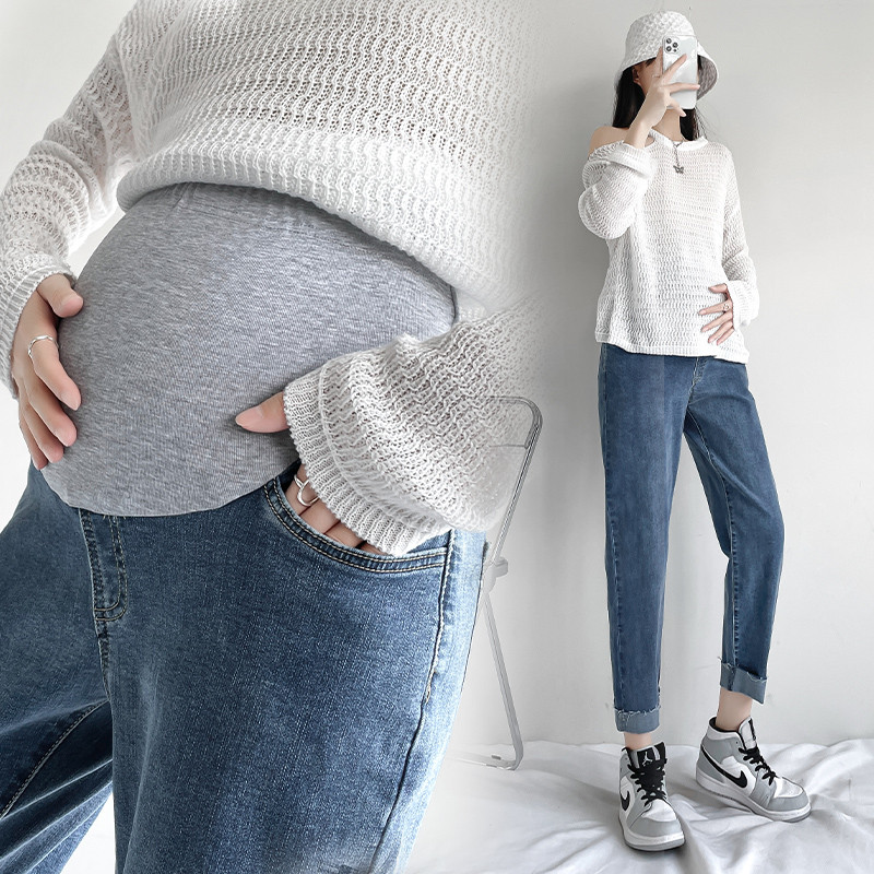 孕妇牛仔裤秋季外穿秋冬破洞小个子九分裤直筒老S爹裤加绒打底裤