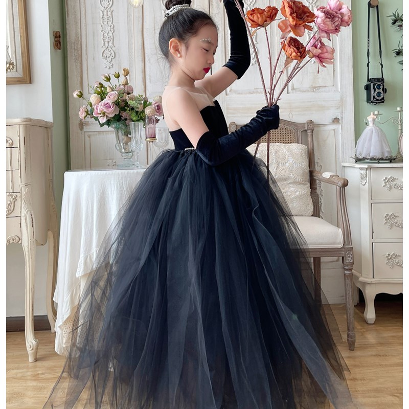 女童赫本风黑色晚礼服生日宴会公主裙儿童拍照T台走秀表演出长裙