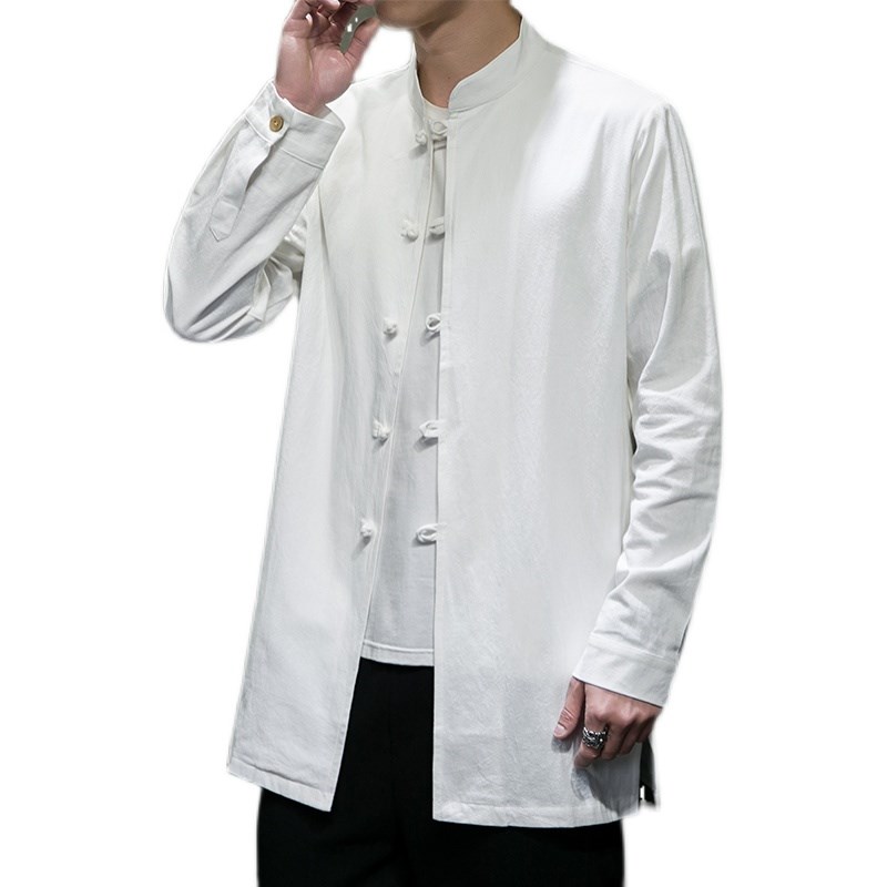 春季中国风中长款盘扣风衣外套男棉麻长袖唐装衬衫复古民族服装潮
