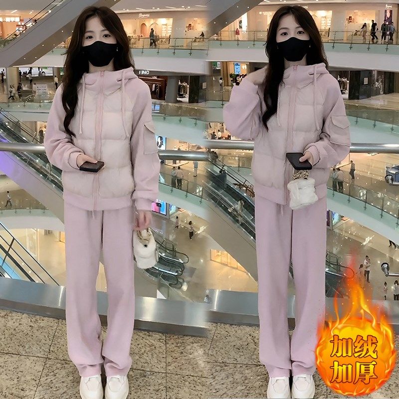 冬装穿搭一整套女新款保暖加厚棉服拼接卫衣休闲裤子两件套,女装/女士精品,时尚套装,淘宝优惠券,粉丝福利购,淘宝优惠卷