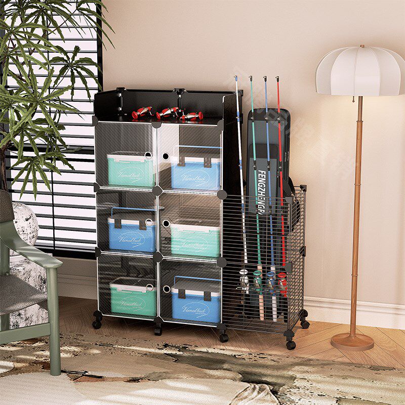 家用渔具收纳柜多功能鱼竿摆放架路亚竿鱼竿放置免打孔展示置物架