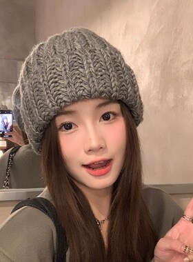 韩国单~灰色帽子女秋冬季粗编织毛线帽显脸小百搭护耳保暖针织帽