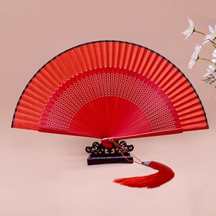 中国风大红色女式 舞蹈扇子古风汉服折叠扇跳舞扇旗袍走秀7寸23cm