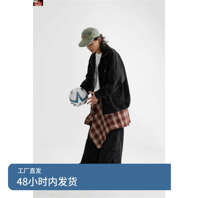 重水洗翻领牛仔夹克男日系复古春装纯色牛仔衣短款宽松外套