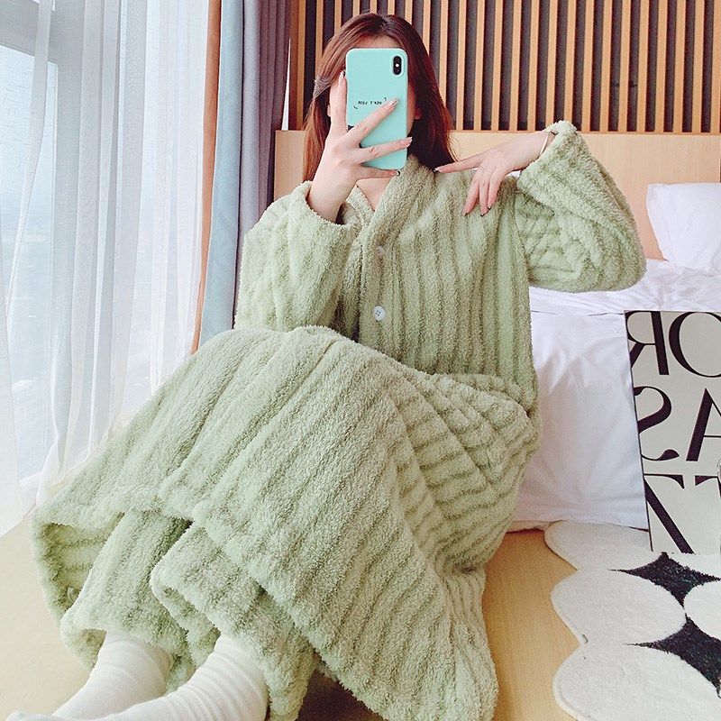 加厚女士纽扣睡衣秋冬款女睡袍两件套半边绒保暖条纹睡裤,女士内衣/男士内衣/家居服,睡袍/浴袍,淘宝优惠券,粉丝福利购,淘宝优惠卷