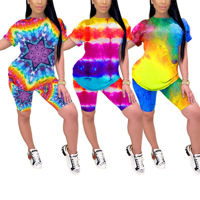 现货Tie-Dyeing Print Outfits Women O HNeck Short Sleeve Two