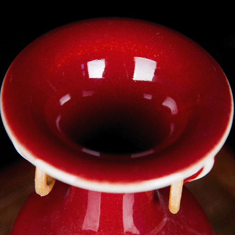 景德镇陶瓷器 仿古钧瓷郎红双耳小花瓶 客厅中式博古架工艺品摆件