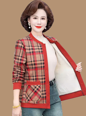 中年妈妈装冬装开衫加绒加厚夹克外套50到60岁中老年人女冬季上衣
