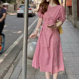 欧洲站夏季新款法式茶歇初恋甜美时尚减龄洋气炸街粉色碎花连衣裙