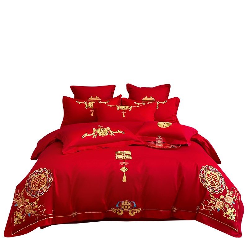 婚庆160支长绒棉四件套大红色床单刺绣结婚床上用品陪嫁,床上用品,婚庆床品套件,淘宝优惠券,粉丝福利购,淘宝优惠卷