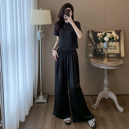 新中式国风休闲套装女夏季新款显瘦气质高级感阔腿长裤洋气两件套