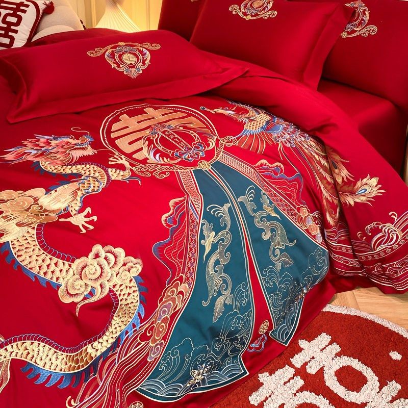 高级感中式结婚四件套红色床单龙凤刺绣被套喜被婚庆床上用品,床上用品,婚庆床品套件,淘宝优惠券,粉丝福利购,淘宝优惠卷