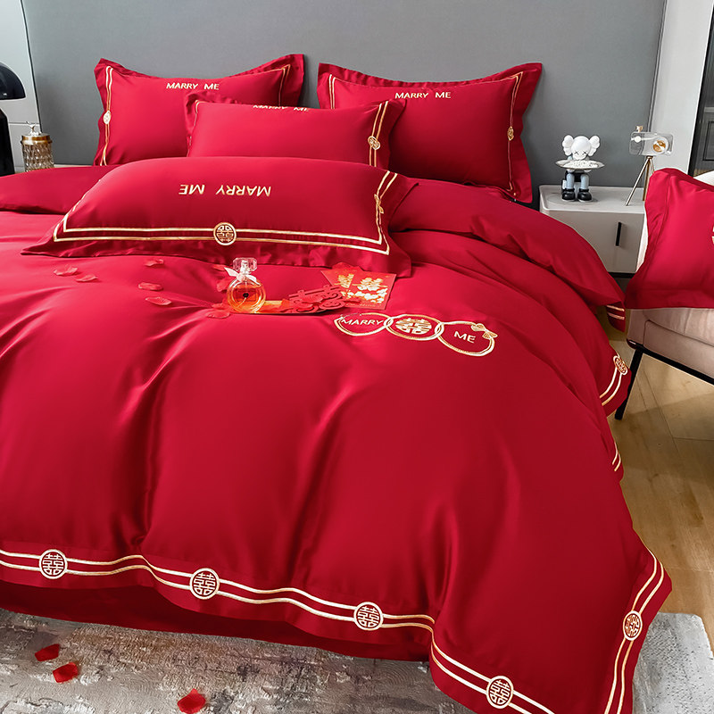 中式刺绣全棉婚庆四件套w大红色床单被套陪嫁结婚床上用品,床上用品,婚庆床品套件,淘宝优惠券,粉丝福利购,淘宝优惠卷