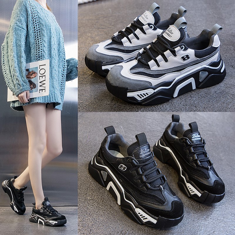 真皮厚底老爹鞋女2024春季新款网红休闲小白鞋百搭增高松糕运动鞋