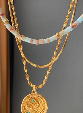 法式复古花纹优化寿山石彩色串珠项链女轻奢小众设计高Z级锁骨颈