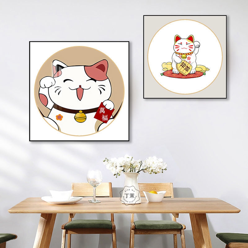 招财猫餐厅装饰画现代简约餐桌沙发背景墙壁画入户玄关正方形挂画图片