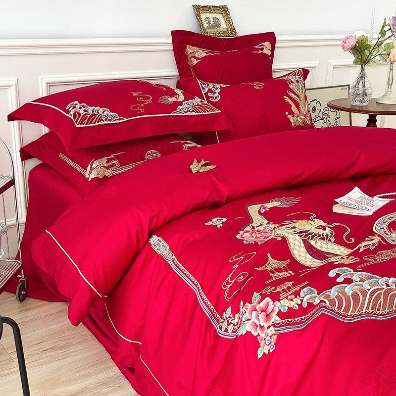 龙凤刺绣四件套大红色结婚床上用品中式婚庆全棉秋冬磨毛保暖,床上用品,婚庆床品套件,淘宝优惠券,粉丝福利购,淘宝优惠卷