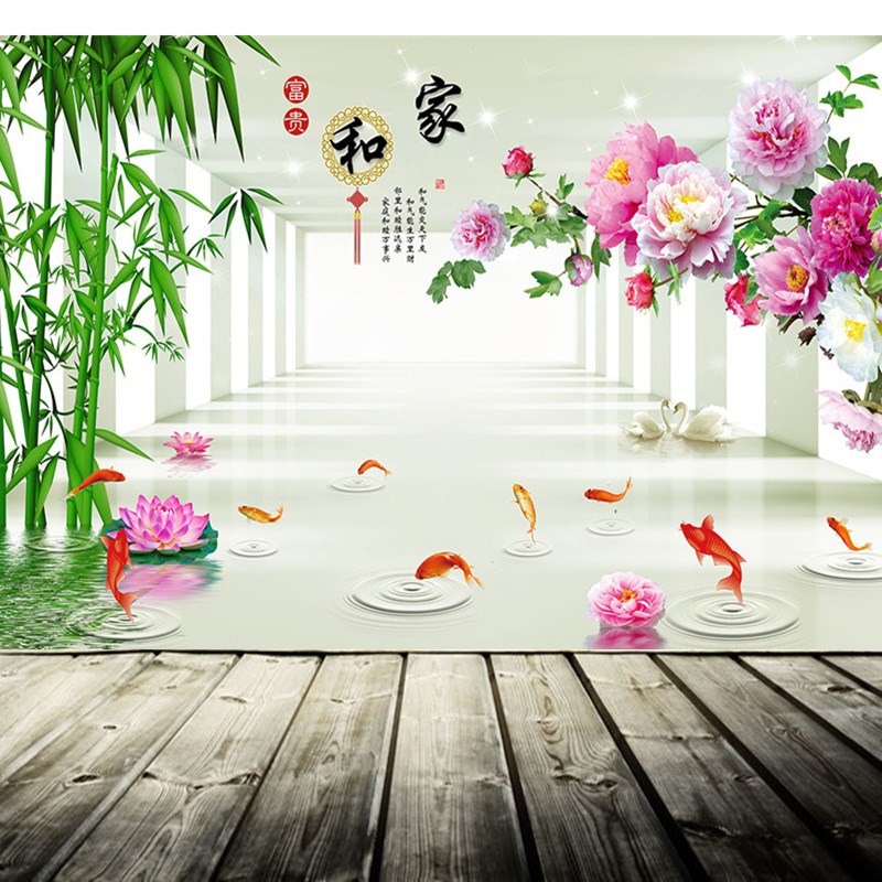 现代中式8d立体壁画牡丹竹子九鱼富贵客厅装饰墙布电视背景墙壁纸