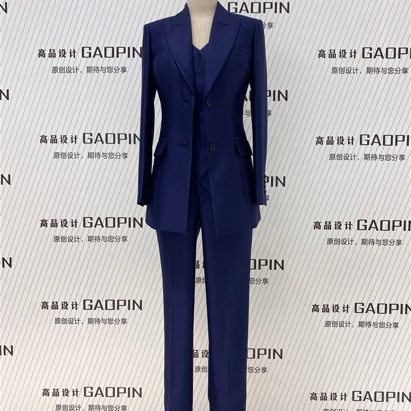 西装套装女马夹三件套修身春秋款面试上班正装职业通勤西服宝蓝色