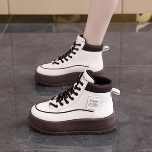 红青蜓高帮鞋女2024新款秋季皮面厚底松糕休闲鞋显腿长34码黑色马