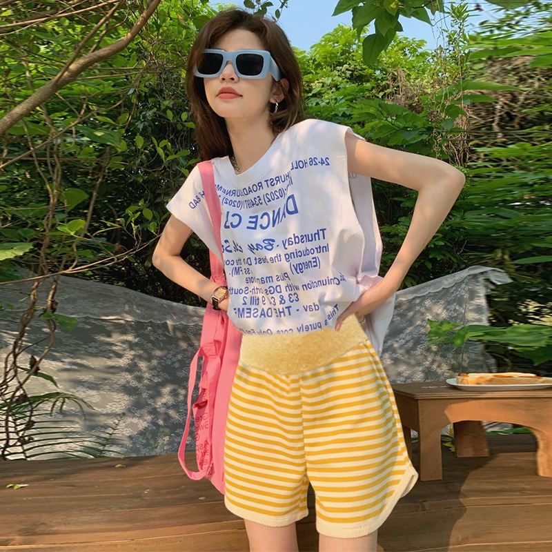 孕妇条纹休闲裤夏季显瘦阔腿运动短裤宽松直筒热裤夏天家居裤子夏