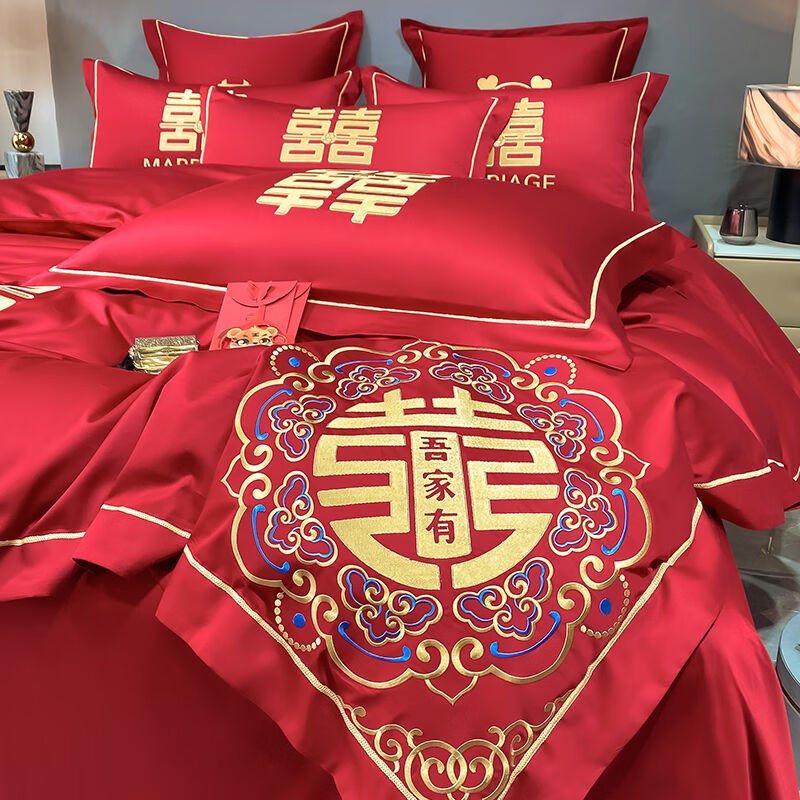 瑞琴结婚床上四件套感大红色床单被罩新婚婚庆陪嫁喜被套床上用品