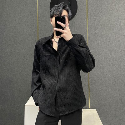 春夏季小众黑色长袖衬衫男设计感工艺亮片垫肩百搭U宽松发型师衬