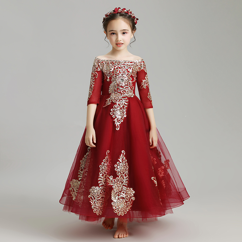 儿童晚礼服公主裙一字肩钢琴表演服E女童主持人演出服模特走秀婚