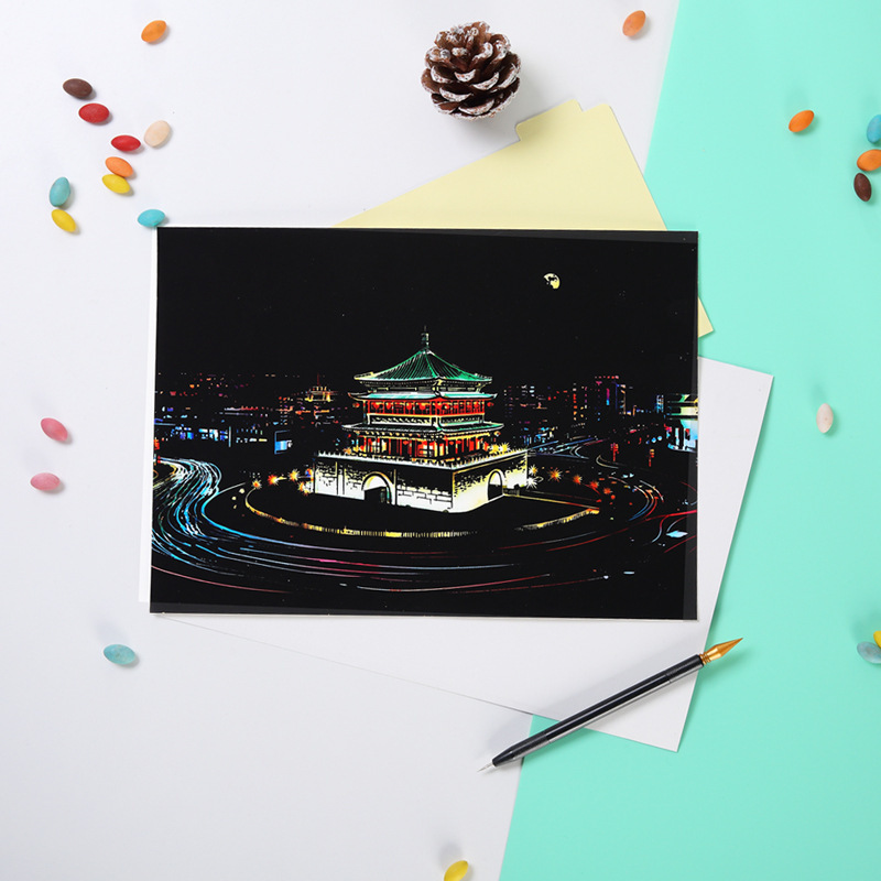 A4彩色夜景刮画城市景色刮刮画纸有图案DIY手工儿童刮画生日礼物