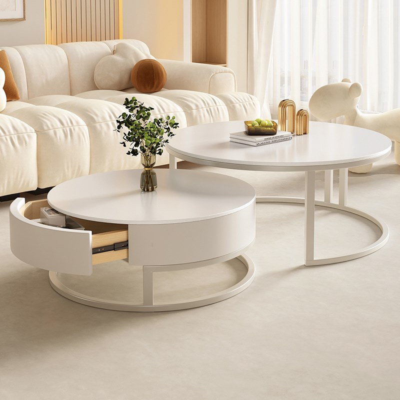 岩板茶几奶油风客厅家用轻奢简约现代小户型圆形纯色2024新款茶桌