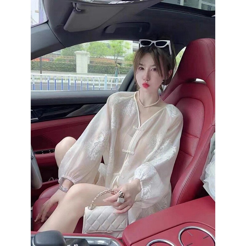 深圳高端欧货上衣仙女超仙森系新中式国风白色防晒提花衬衫女夏季