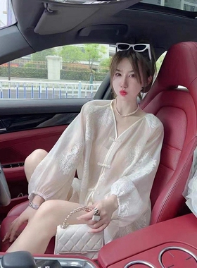 深圳高端欧货上衣仙女超仙森系新中式国风白色防晒提花衬衫女夏季