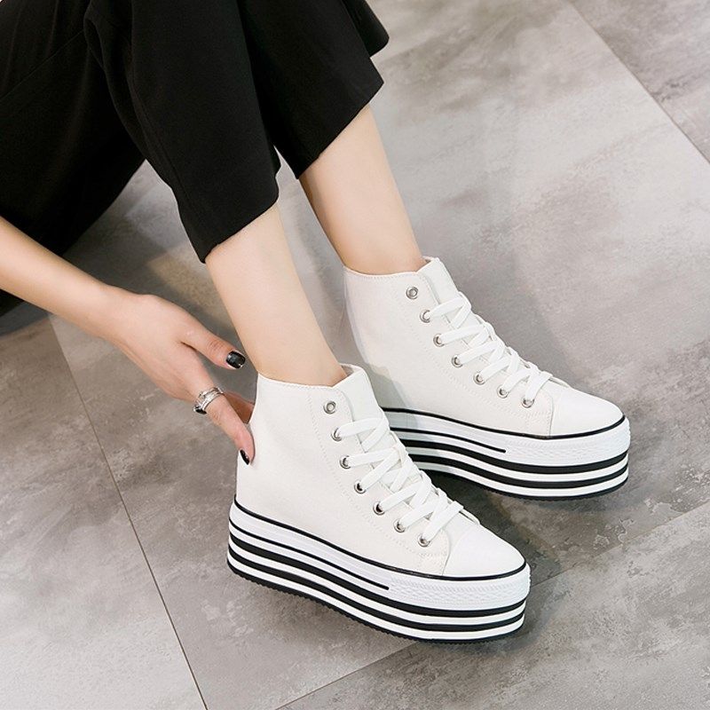 高帮帆布鞋女白色学生韩版内增高板鞋D2024春款百搭厚底松糕小白,女鞋,帆布鞋,淘宝优惠券,粉丝福利购,淘宝优惠卷