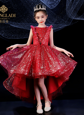 女童礼服裙儿童公主裙花童婚纱红色模特J走秀主持人钢琴表演演出