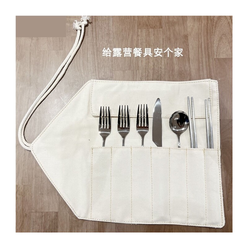 现货餐具收纳布袋便携式可悬挂刀叉筷子西餐具收纳袋帆布分孔设计