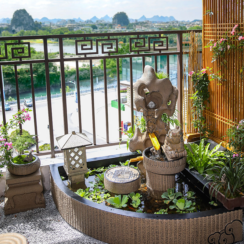 中式阳台鱼池水景庭院花园布置水池装饰造景假山盆景户外流水摆件