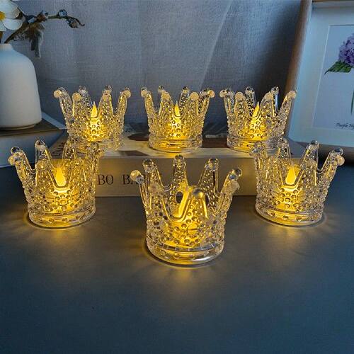 热销6pcs Crown Candlestick Transparent Flameless LED Bedside