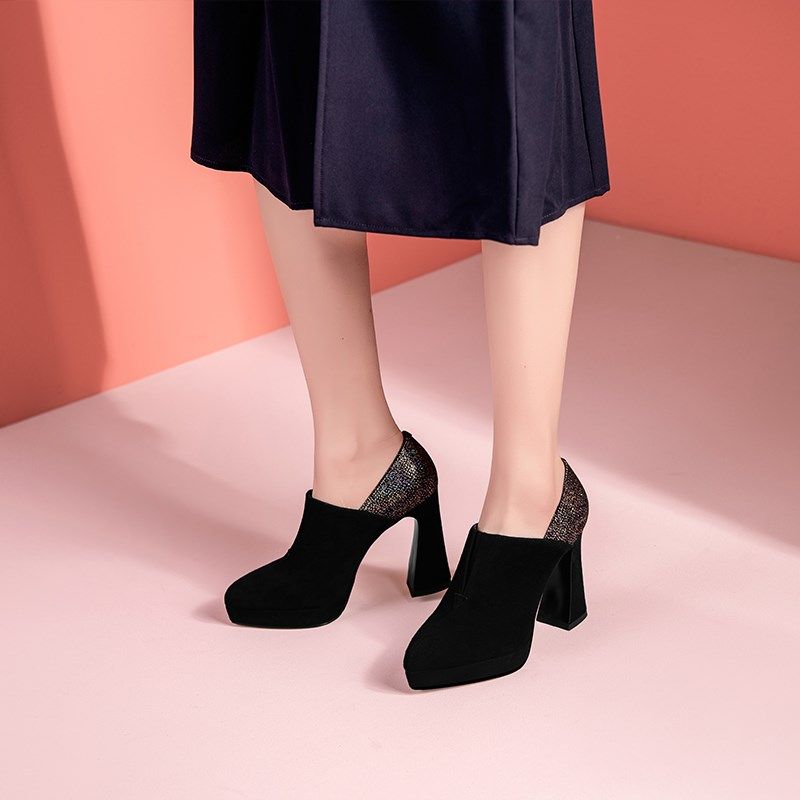 设计感高跟鞋女2025春季新款小众气质黑色尖头真皮粗跟防水台单鞋,女鞋,深口单鞋,淘宝优惠券,粉丝福利购,淘宝优惠卷