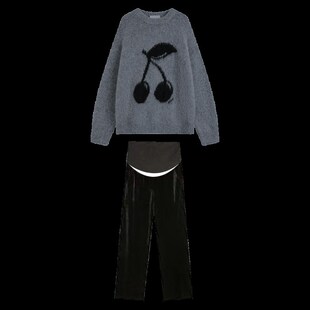 孕妇套装2024新款秋冬时尚洋气时髦灰色加厚保暖毛衣阔腿裤两件套